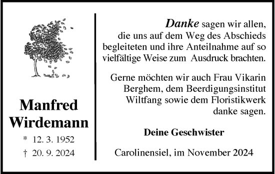 Traueranzeige von Manfred Wirdemann von WZ/JW/AH