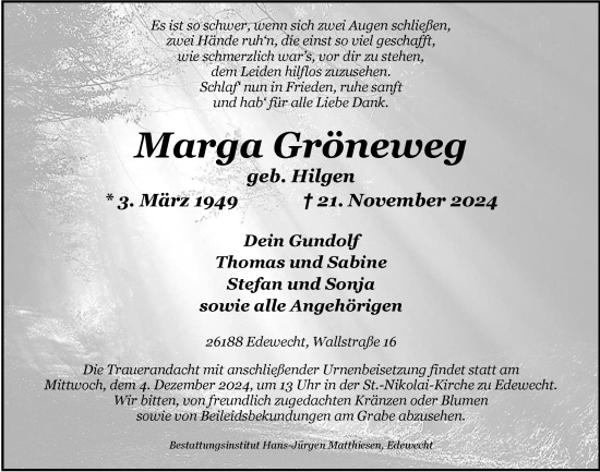 Traueranzeige von Marga Gröneweg von Nordwest-Zeitung