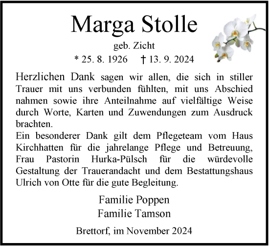 Traueranzeige von Marga Stolle von Nordwest-Zeitung
