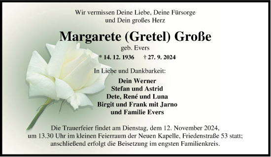Traueranzeige von Margarete Große von WZ/JW/AH