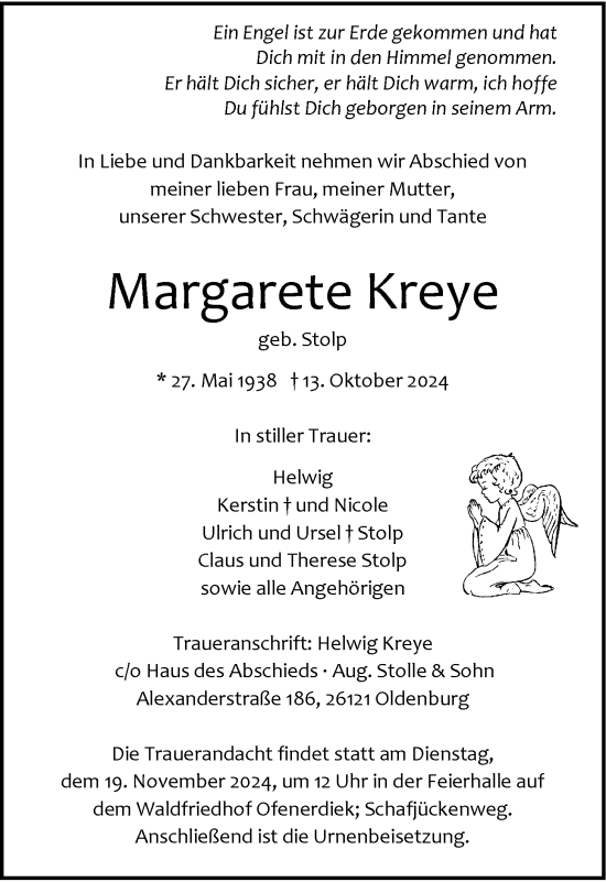 Traueranzeige von Margarete Kreye von Nordwest-Zeitung