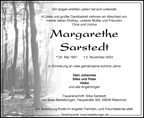 Traueranzeige von Margarethe Sarstedt von WZ/JW/AH