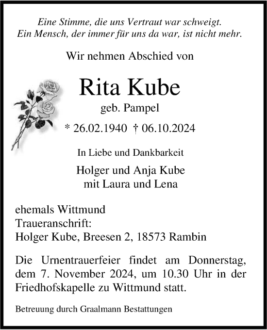 Traueranzeige von Margarita Kube von WZ/JW/AH