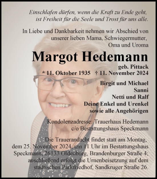 Traueranzeige von Margot Hedemann von Nordwest-Zeitung