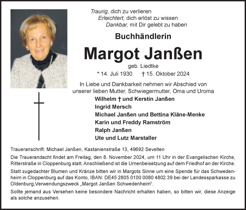  Traueranzeige für Margot Janssen vom 02.11.2024 aus Nordwest-Zeitung