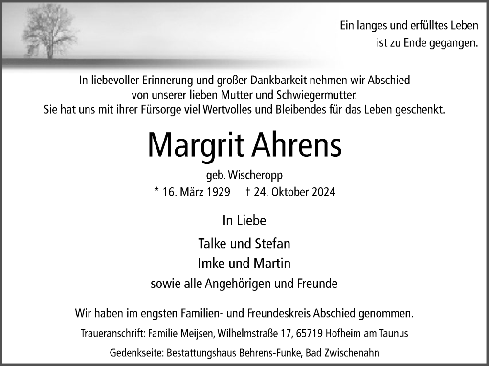  Traueranzeige für Margrit Ahrens vom 16.11.2024 aus Nordwest-Zeitung