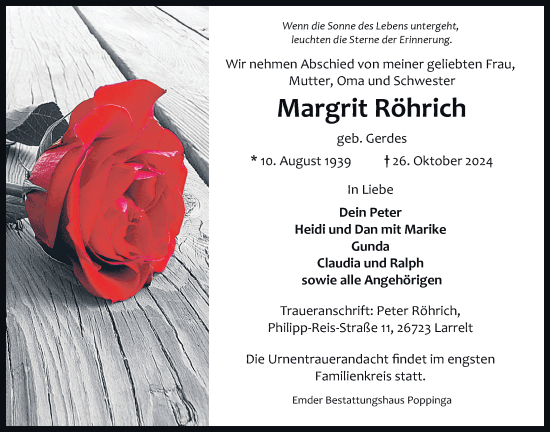 Traueranzeige von Margrit Röhrich von Emder Zeitung