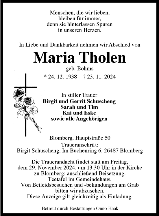 Traueranzeige von Maria Tholen von WZ/JW/AH