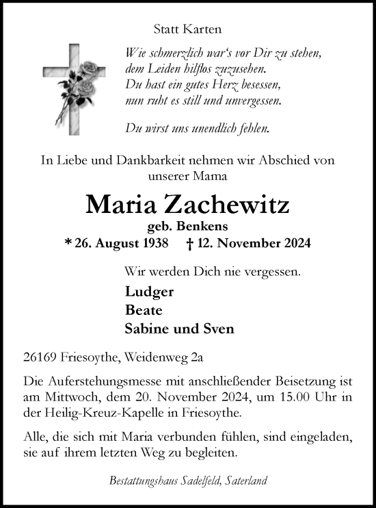 Traueranzeige von Maria Zachewitz von Nordwest-Zeitung