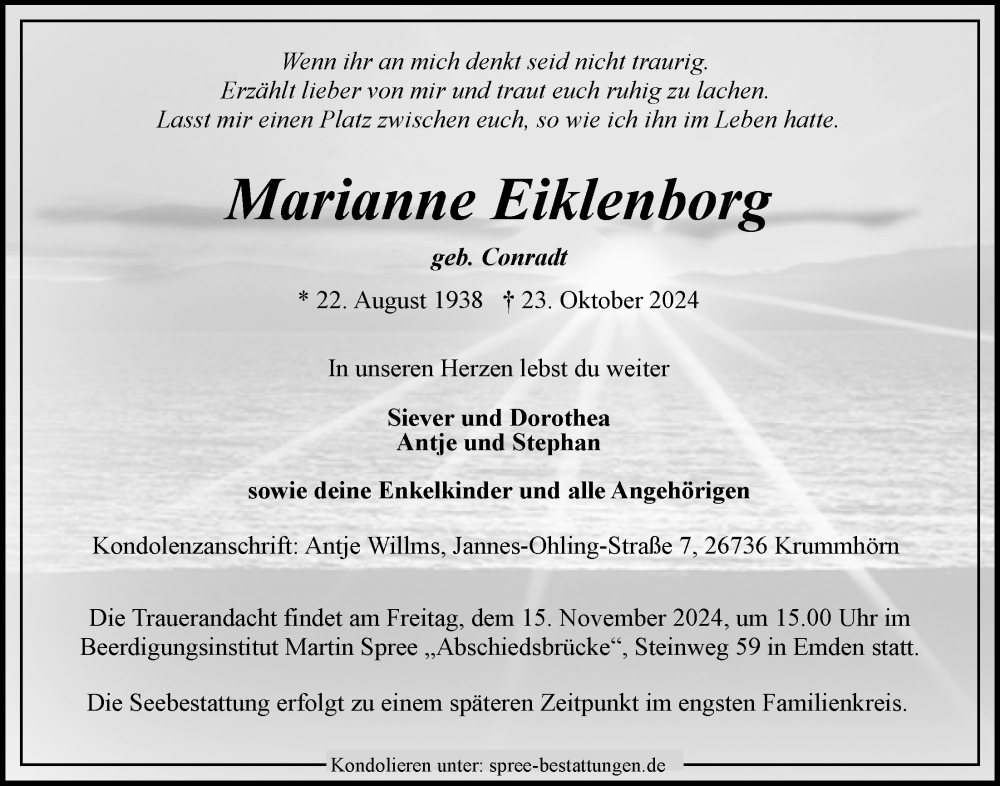  Traueranzeige für Marianne Eiklenborg vom 02.11.2024 aus WZ/JW/AH