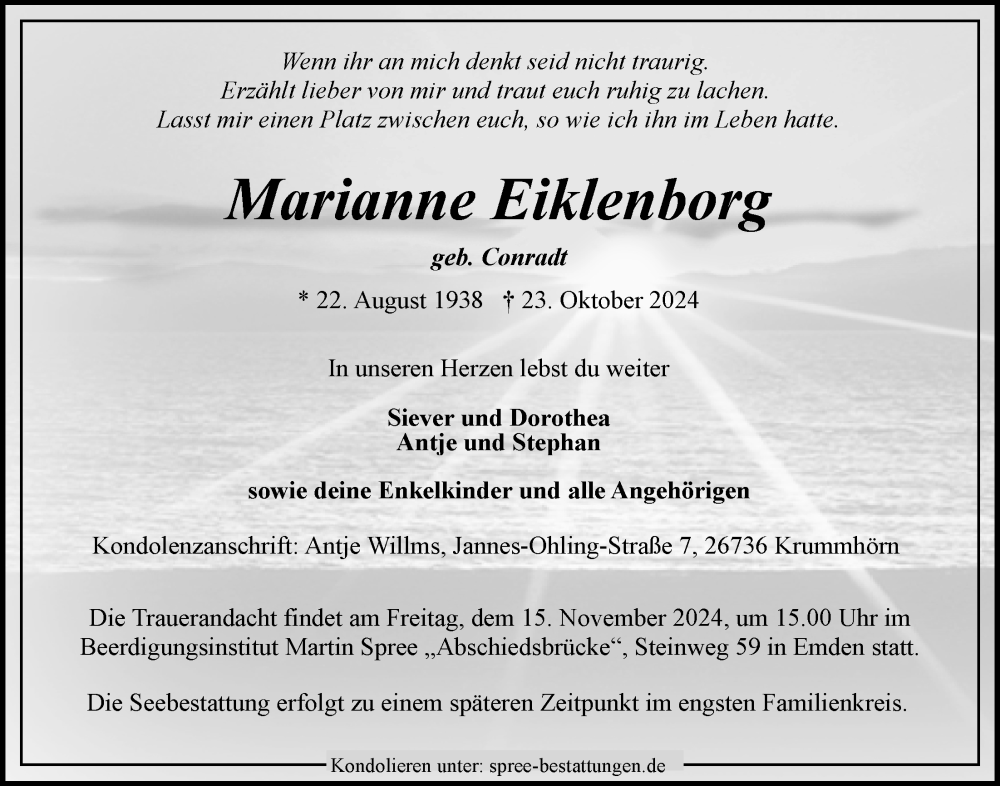  Traueranzeige für Marianne Eiklenborg vom 09.11.2024 aus Emder Zeitung