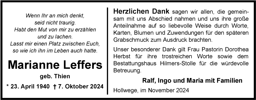  Traueranzeige für Marianne Leffers vom 29.11.2024 aus Nordwest-Zeitung