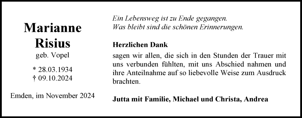  Traueranzeige für Marianne Risius vom 23.11.2024 aus Emder Zeitung