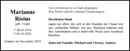 Traueranzeige von Marianne Risius von Emder Zeitung