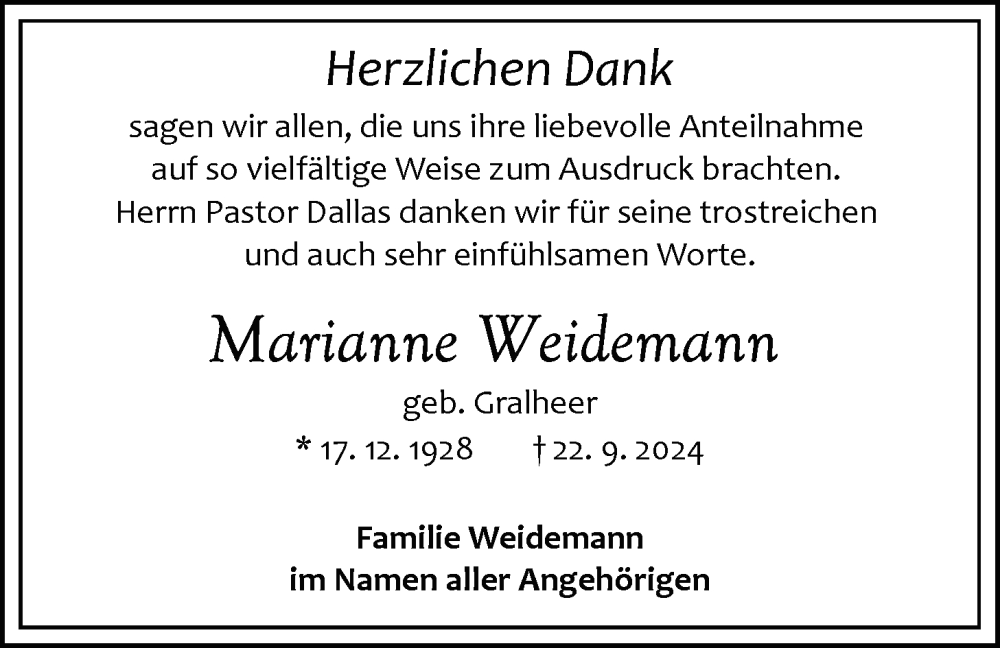  Traueranzeige für Marianne Weidemann vom 02.11.2024 aus Nordwest-Zeitung