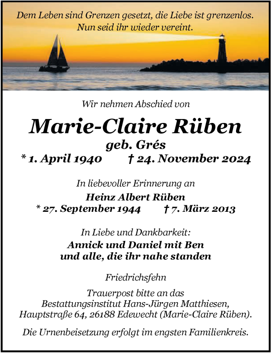 Traueranzeige von Marie-Claire Rüben von Nordwest-Zeitung