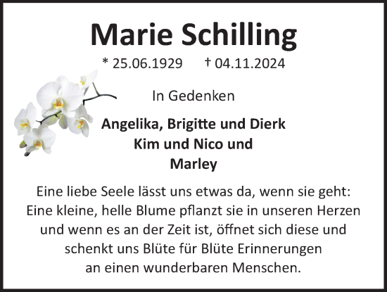 Traueranzeige von Marie Schilling von Nordwest-Zeitung