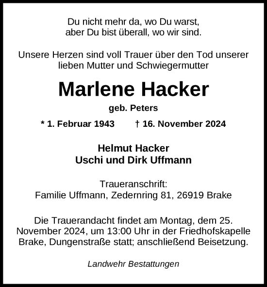 Traueranzeige von Marlene Hacker von Nordwest-Zeitung