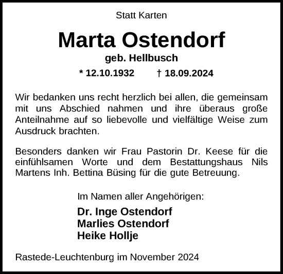 Traueranzeige von Marta Ostendorf von Nordwest-Zeitung