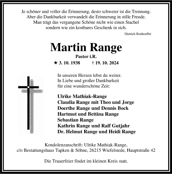 Traueranzeige von Martin Range von Nordwest-Zeitung