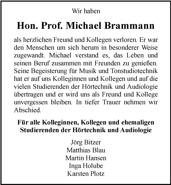 Traueranzeige von Michael Brammann von Nordwest-Zeitung