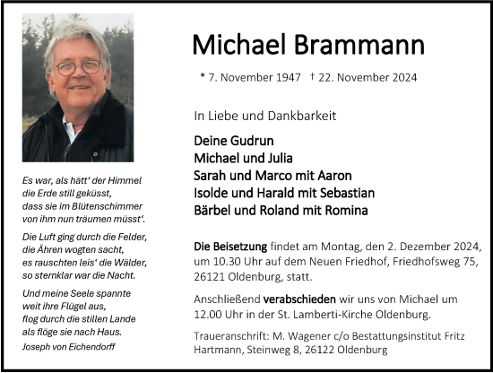 Traueranzeige von Michael Brammann von Nordwest-Zeitung