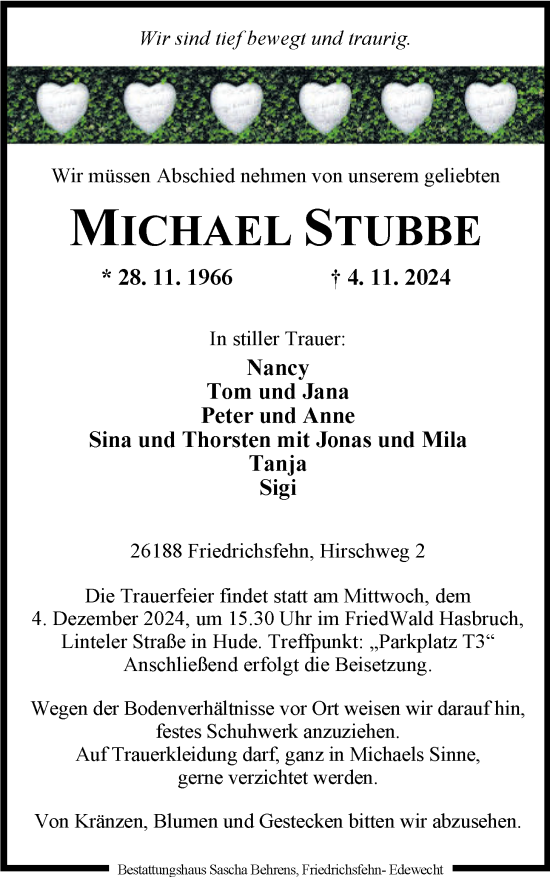 Traueranzeige von Michael Stubbe von Nordwest-Zeitung