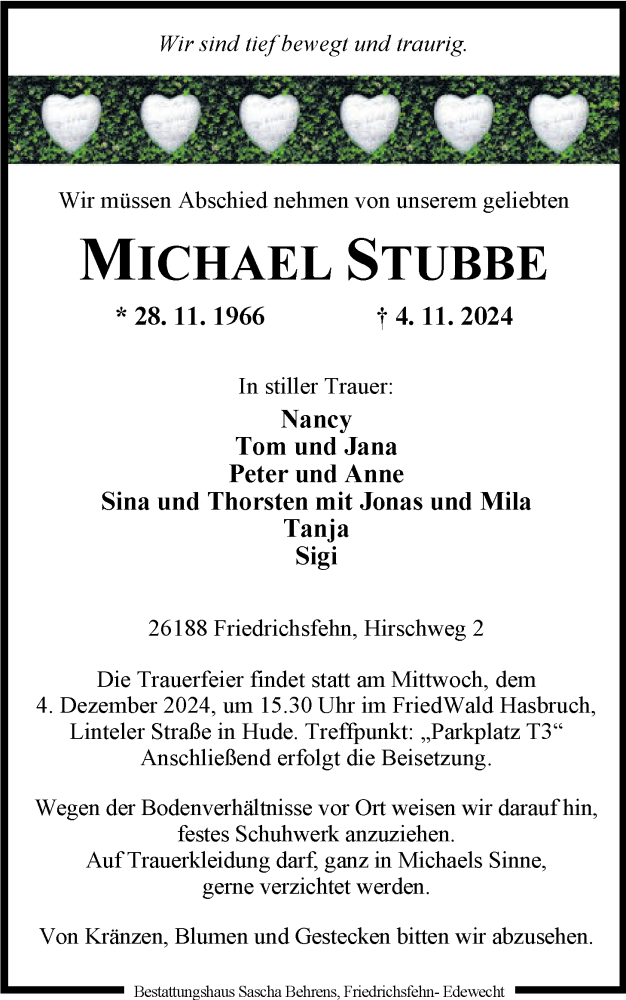  Traueranzeige für Michael Stubbe vom 09.11.2024 aus Nordwest-Zeitung