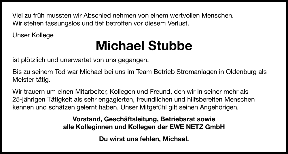  Traueranzeige für Michael Stubbe vom 09.11.2024 aus Nordwest-Zeitung