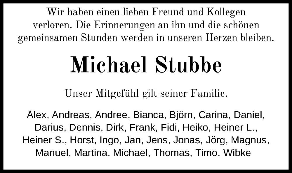  Traueranzeige für Michael Stubbe vom 09.11.2024 aus Nordwest-Zeitung