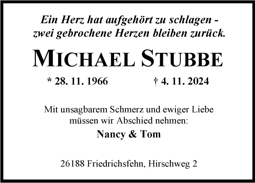  Traueranzeige für Michael Stubbe vom 09.11.2024 aus Nordwest-Zeitung