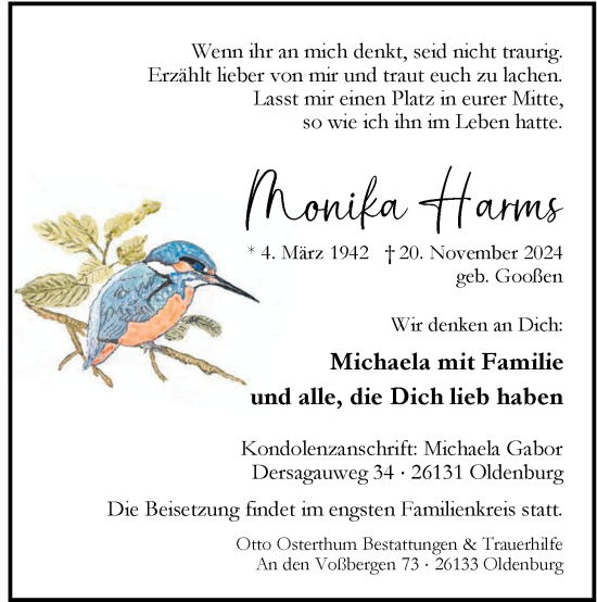Traueranzeige von Monika Harms von Nordwest-Zeitung