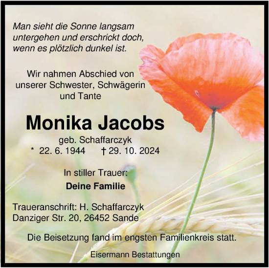 Traueranzeige von Monika Jacobs von WZ/JW/AH