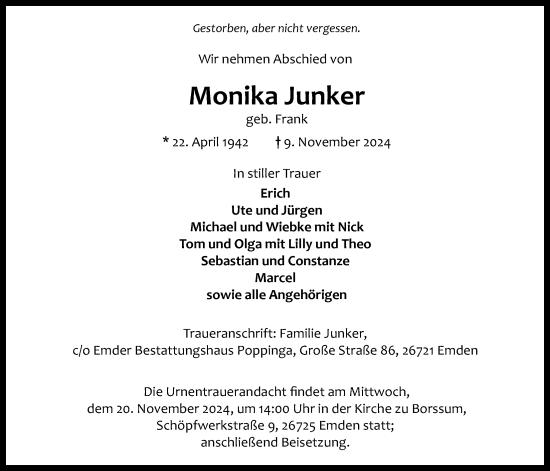 Traueranzeige von Monika Junker von Emder Zeitung