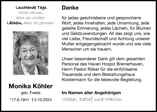 Traueranzeige von Monika Köhler von Nordwest-Zeitung