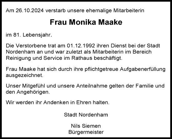 Traueranzeige von Monika Maake von Nordwest-Zeitung