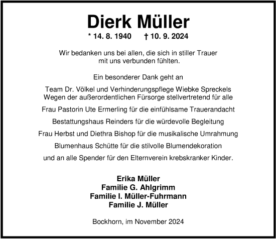 Traueranzeige von Müller Dierk von Nordwest-Zeitung
