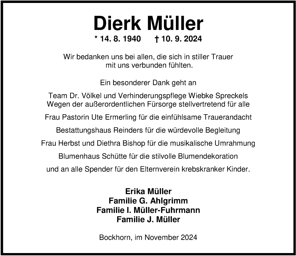  Traueranzeige für Müller Dierk vom 16.11.2024 aus Nordwest-Zeitung