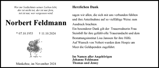 Traueranzeige von Norbert Feldmann von Emder Zeitung