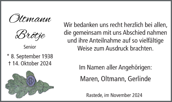 Traueranzeige von Oltmann Brötje von Nordwest-Zeitung