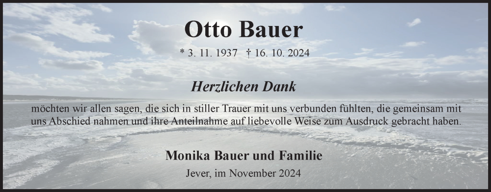  Traueranzeige für Otto Bauer vom 16.11.2024 aus WZ/JW/AH