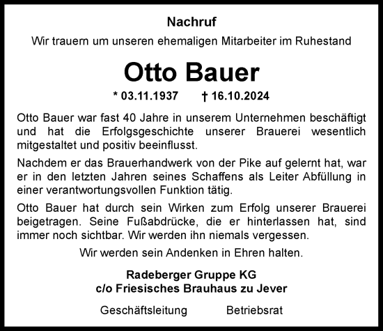 Traueranzeige von Otto Bauer von WZ/JW/AH