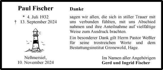 Traueranzeige von Paul Fischer von Emder Zeitung