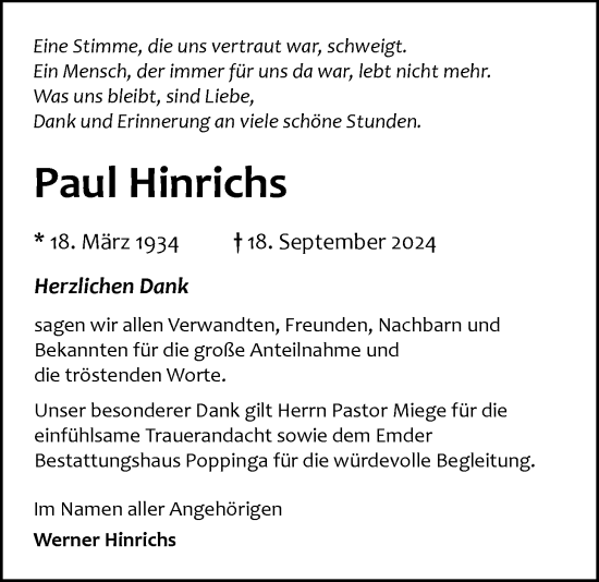 Traueranzeige von Paul Hinrichs von Emder Zeitung