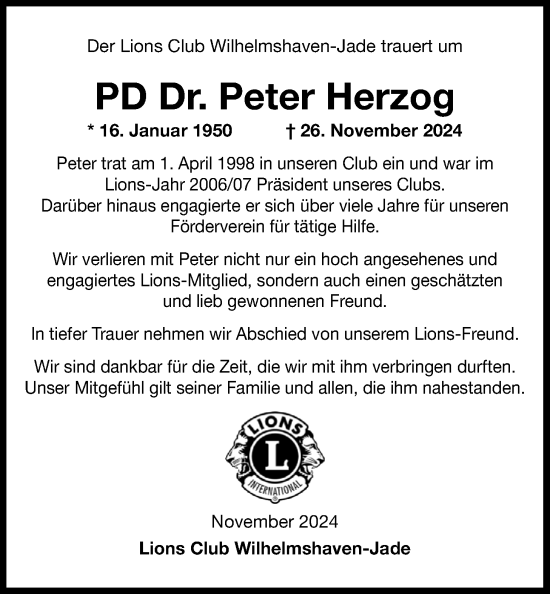 Traueranzeige von Peter Herzog von WZ/JW/AH