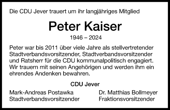 Traueranzeige von Peter Kaiser von WZ/JW/AH