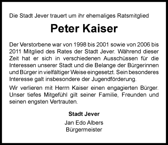 Traueranzeige von Peter Kaiser von WZ/JW/AH