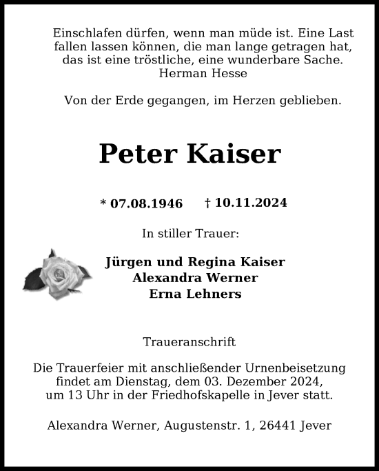 Traueranzeige von Peter Kaiser von WZ/JW/AH