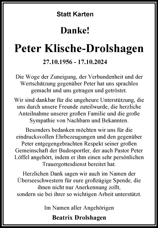 Traueranzeige von Peter Klische-Drolshagen von WZ/JW/AH