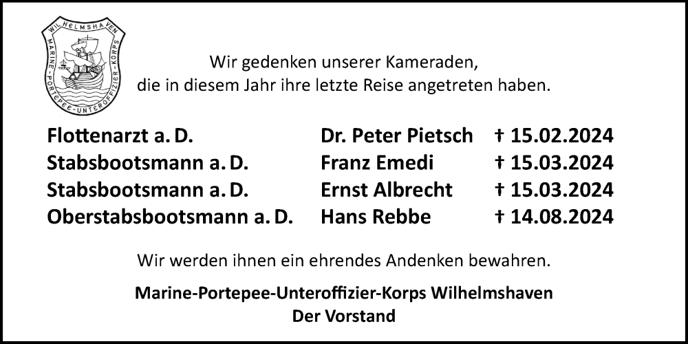  Traueranzeige für Peter Pietsch vom 16.11.2024 aus WZ/JW/AH